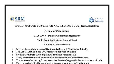 21CSC201J Data Structures & Algorithms: Stack Applications - Tower of ...
