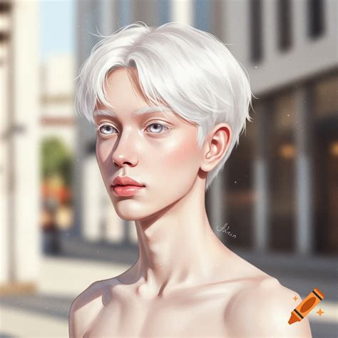 A stylized portrait of a shirtless young man with short white hair, pale skin, large light blue ...