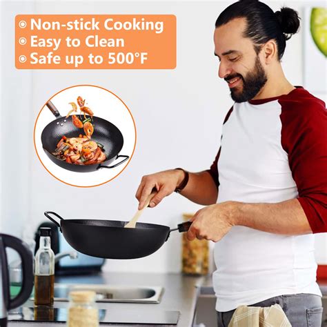 Buy 13'' Carbon Steel Wok Pan with Lid and Spatula, 15Pcs Stir Fry Pans ...