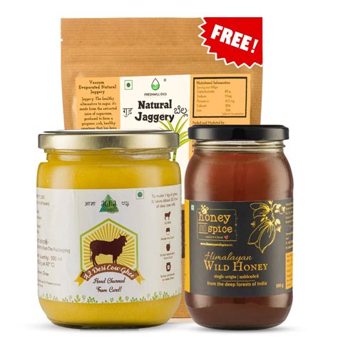 A2 Desi Cow Ghee(500ml) & Himalayan Wild Honey(500 gm.) + Natural Jagg ...