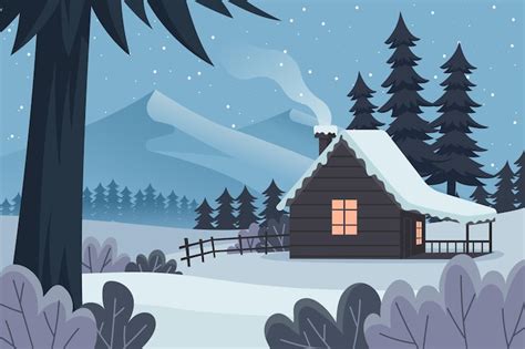 Winter landscape with wooden cabins Vectors - Download Free High ...