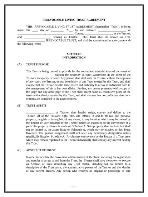 Irrevocable Living Trust Agreement - Blank Fillable Template | Fill Out ...
