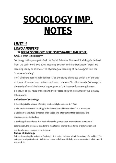 Sociology IMP. NOTES: Nature, Scope, and Definitions Explained - Studocu