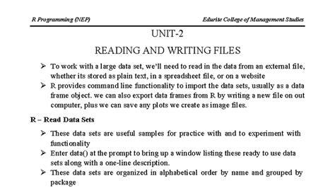 Unit-2 R Programming (BCA3) Updated - UNIT- READING AND WRITING FILES ...