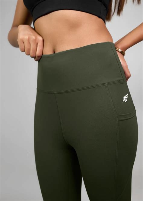 Flurr Women’s Dark Olive Everyday Tights with Deep Pockets