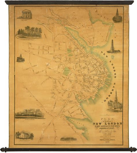 1850 wall map of New London, Connecticut - Rare & Antique Maps