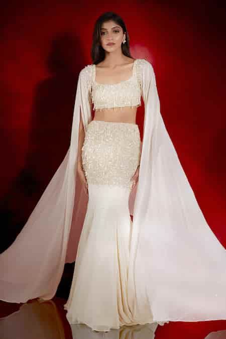 Buy Ivory Georgette Valencia Crystal Embroidered Mermaid Lehenga With ...