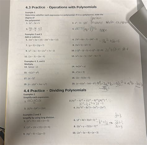 Solved: 4.3 Practice · Operations with Polynomials Example 1 Determine whether each expression ...