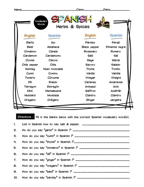 Spanish Herbs & Spices Vocabulary Word List Worksheet & Answer Key ...