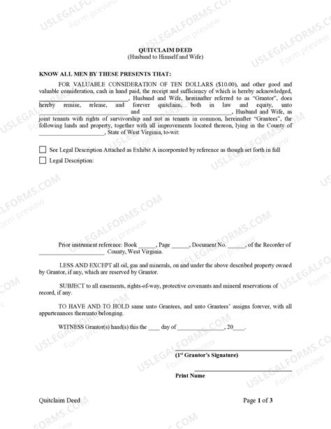 West Virginia Quitclaim Deed from Husband to Himself and Wife | US ...