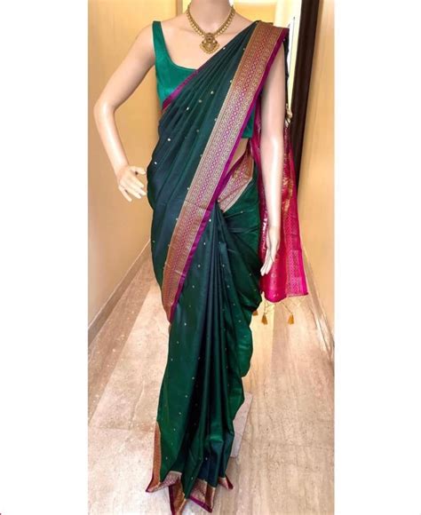 BOTTLE GREEN SATIN SILK SAREE WITH MAGENTA BORDER – Theja Couture