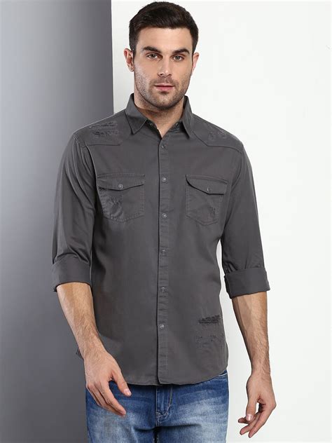 Men's Solid Slim Fit Spread Collar Cotton Casual Shirt Darkgrey ...