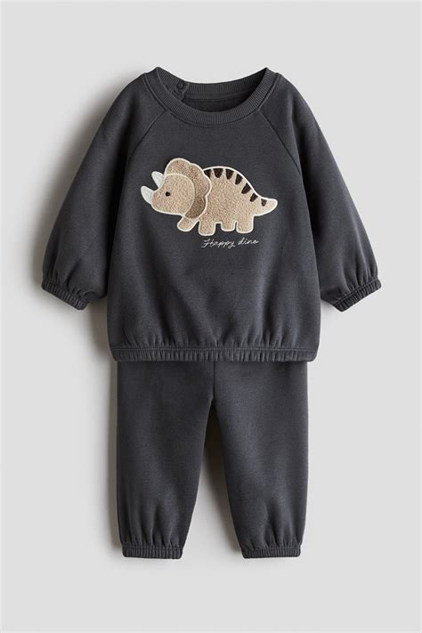 2-piece teddy-detail sweatshirt set - Dark grey/Dinosaur - Kids | H&M IN