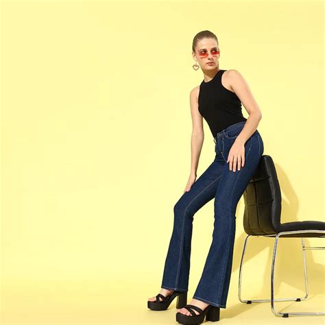 Women Navy Blue Bootcut Mid-Rise Clean Look Stretchable Jeans ...