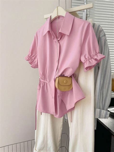 INAWLY Women's Solid Color Short Ruffled Sleeve Single Breasted Waist ...