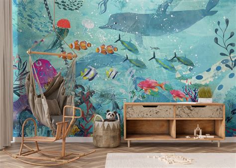 Blue Fish Wallpaper - Watercolour Underwater Mural for Kids