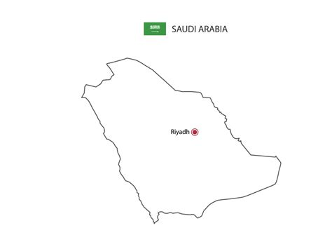 Hand draw thin black line vector of Saudi Arabia Map with capital city Riyadh on white ...