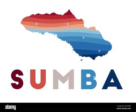 Sumba map. Map of the island with beautiful geometric waves in red and blue colors. Vivid Sumba ...