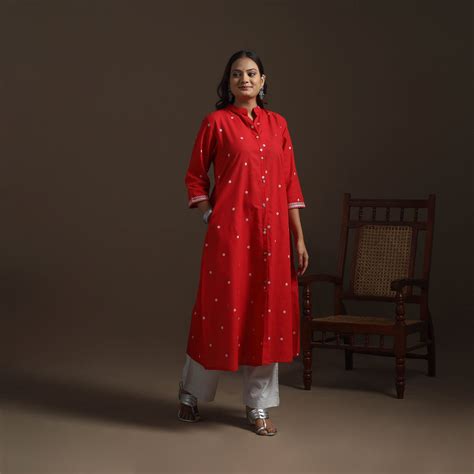 Red A-Line Cotton Jacquard Kurta for women