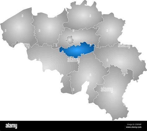 Map of Belgium with the provinces, filled with a radial gradient, Walloon Brabant is highlighted ...