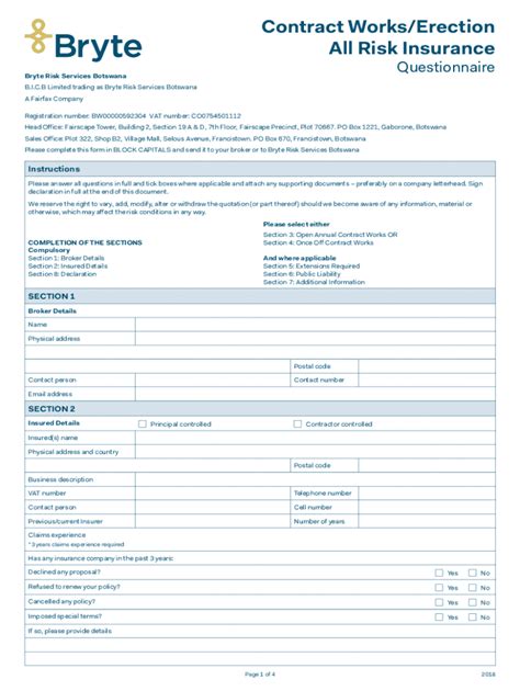 Contract Works All Risk Insurance Questionnaire - Blank Fillable ...