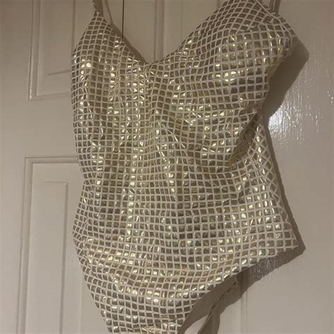 Women's Gold and White Swimsuit-one-piece | Depop