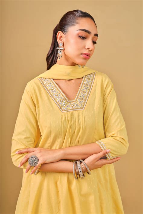 Buy Yellow Mirror Embroidered Cotton Kurta Set Online for Women from ...