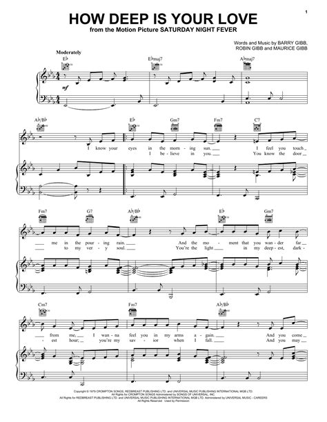 How Deep Is Your Love by Bee Gees Sheet Music for Piano, Vocal & Guitar Chords (Right-Hand ...