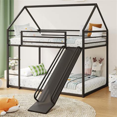 Twin Over Twin Bunk Bed, Montessori Floor Bunk Bed Frame with ...