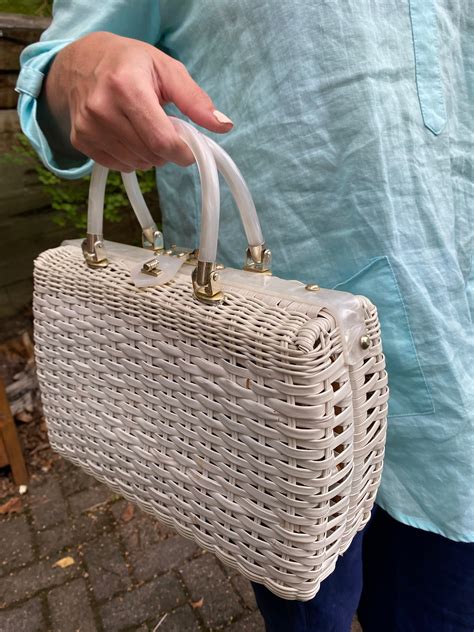 Vintage Wicker Purse / Lucite Top Handle Handbag / White Wicker Golden ...