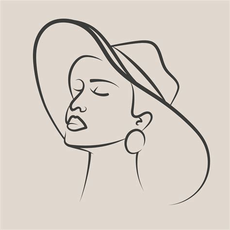 Beautiful woman in hat profile line square art drawing. Minimalistic ...
