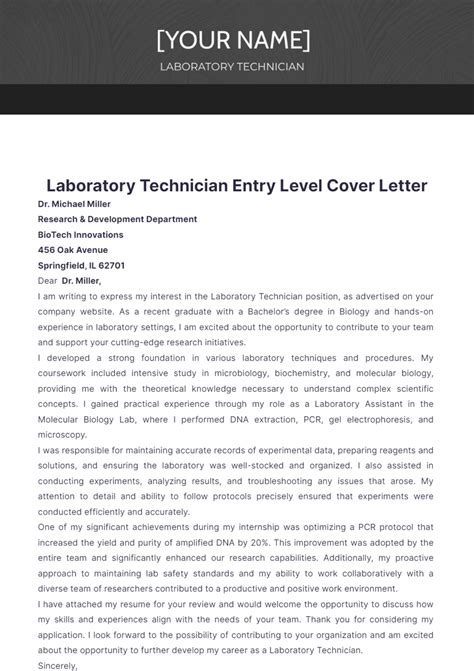 Free Laboratory Technician Entry Level Cover Letter Template to Edit Online