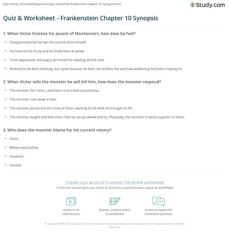 Quiz & Worksheet - Frankenstein Chapter 10 Synopsis | Study.com