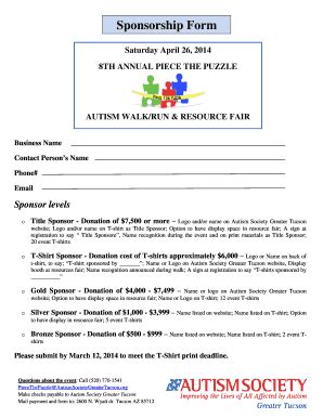 Fillable Online autismsocietygreatertucson Sponsorship Form - Autism ...
