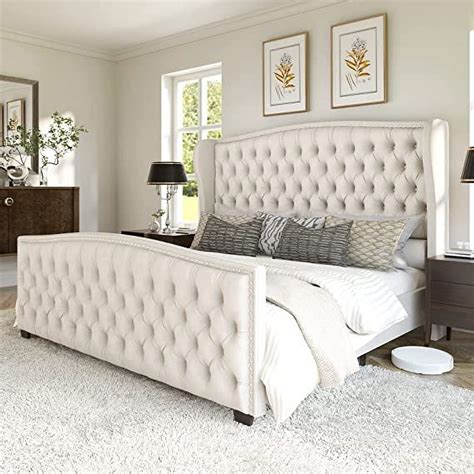 AMERLIFE King Bed Frame, Velvet Upholstered, Wingback Headboard, Tufted ...