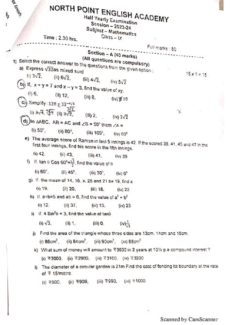 Math Class IX - Yearly Exam Question Paper (Full Marks: 80) - Studocu