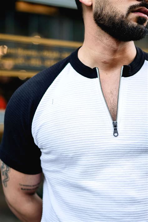 White Self Design ColorBlock Zipper T-Shirt – Gritstones