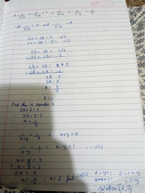 Solve the problem 3/x+y+2/x-y=3;2/x+y+3/x-y=11/3 - Brainly.in