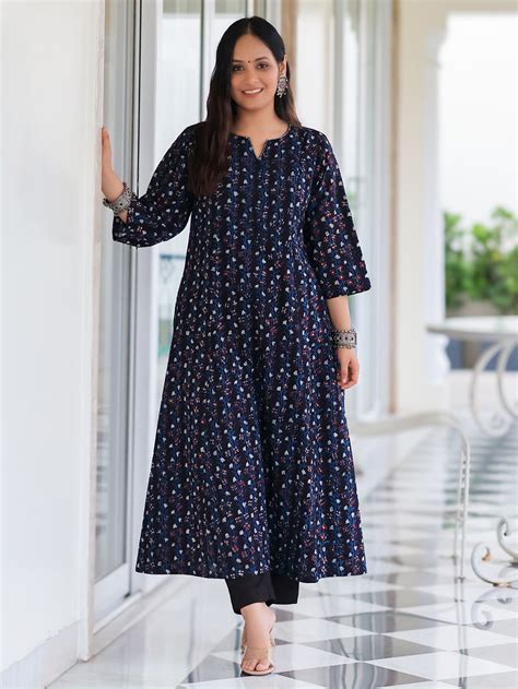 Grey Ikat Printed Cotton Kurta with Pants- Set of 2