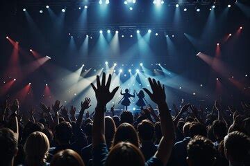 A concert with people on the stage and the lights on the ceiling ...