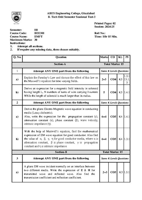 BEE301 Odd Sem Sessional Test - EMFT Class Test SET-1 QP - Studocu