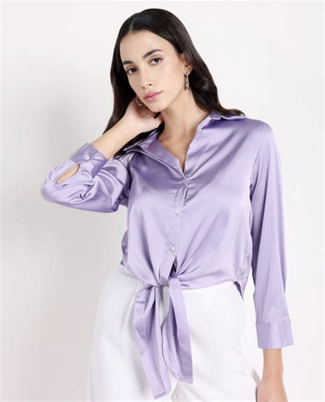 Rareism Women Teen Light Purple Cuffed Sleeve Collared Collar Button P