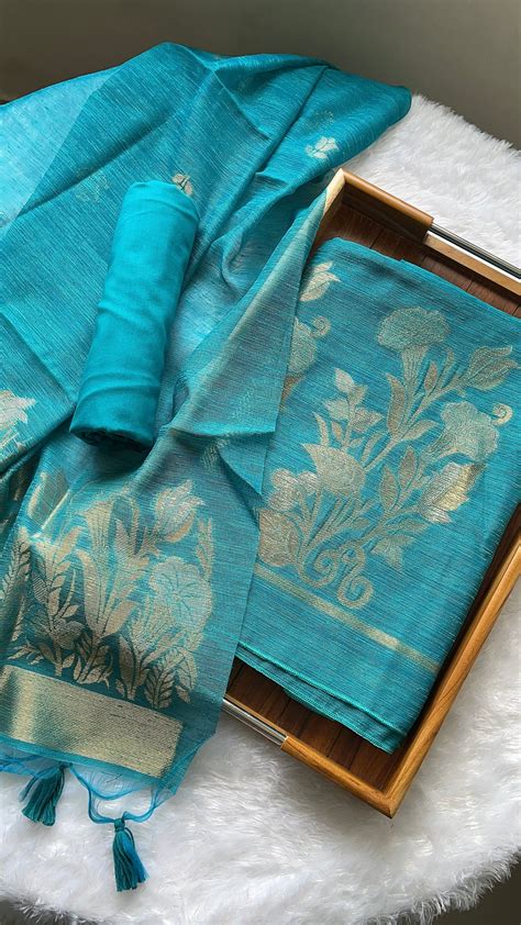 Woven Whispers Teal Blue Jamdani Muga Silk Unstitched Suit Set – Gajarai