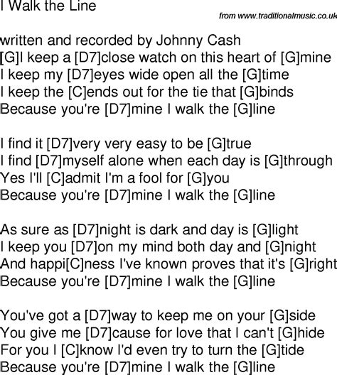 Old time song lyrics with guitar chords for I Walk The Line G