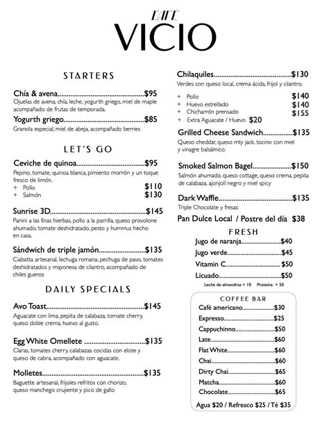 Menu at Café Vicio, Saltillo