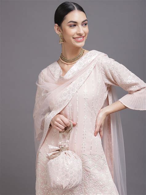 Buy Pink Sequinned Georgette Straight Kurta With Sharara & Dupatta ...