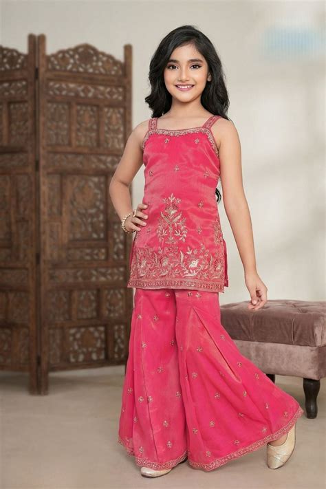 Rani Pink Embroidered Top And Flared Sharara Set For Girls – Lagorii Kids
