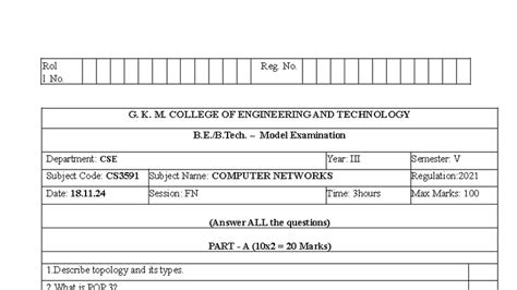 CS 3591 Computer Networks Model EXAM QS SET 2 - G. K. M. COLLEGE OF ...