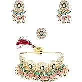 ZAVERI PEARLS Turquoise Blue Pink Stones Beads Choker Necklace Earring ...