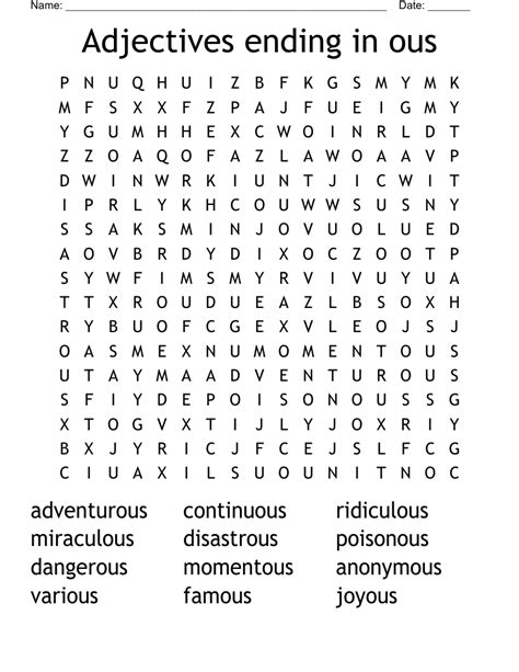 Adjectives ending in ous Word Search - WordMint